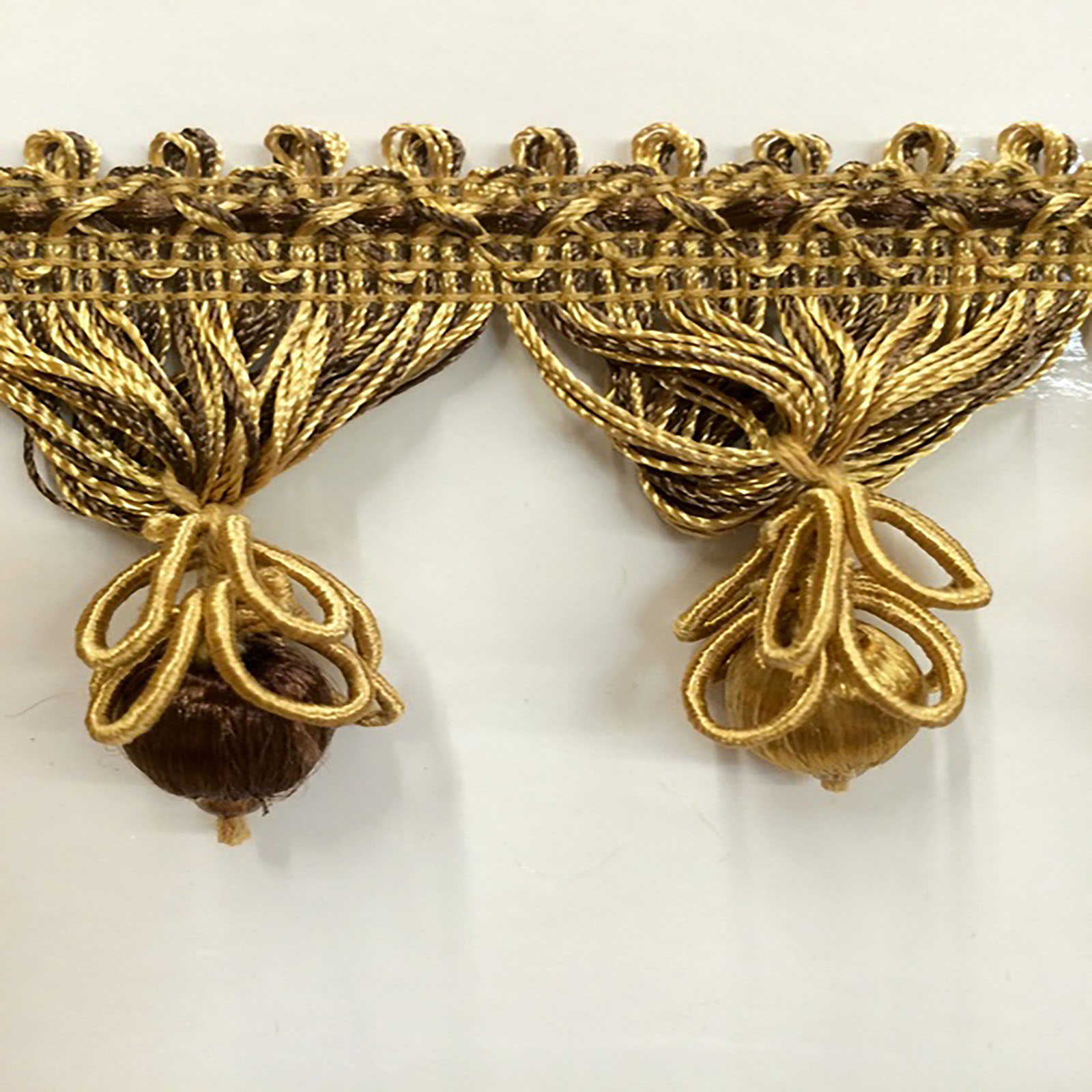 ECT 2300812 2" Ball Tassel Fringe Brown, Antique Gold